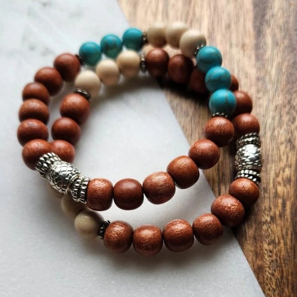 Handmade Stretch Wood Bead -Turquoise Beaded Bracelets - Two- piece set - Picture 1 of 7